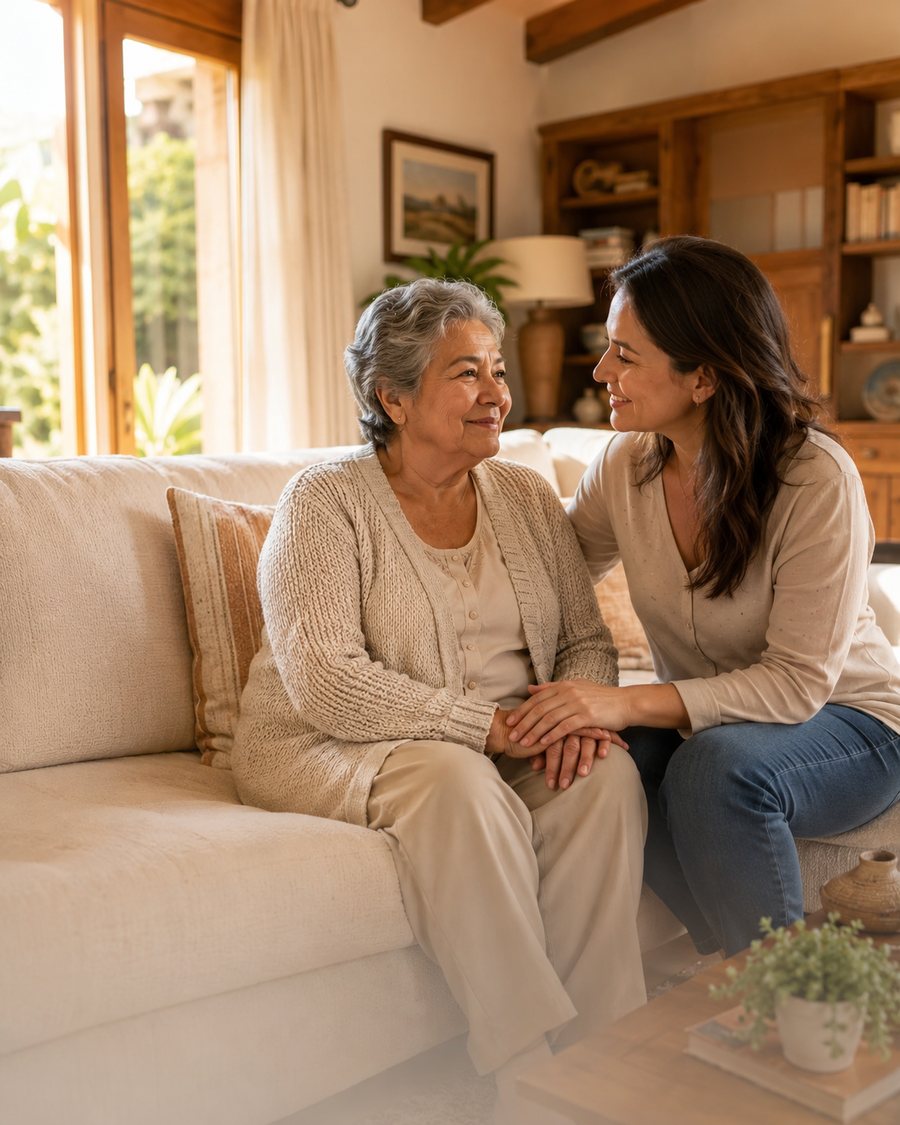 Older adult and caregiver sharing a warm, supportive care moment at home.